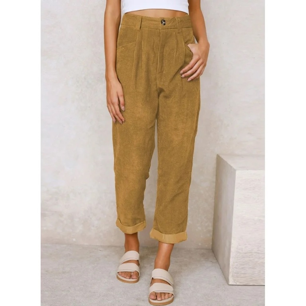 Khaki High Waisted Straight Leg Pants Casual Corduroy Pants Vintage Trousers - Picture 4 of 10